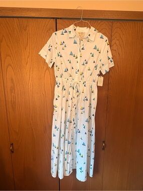 St. John's Bay White Midi Shirt Dress with Blue, Green and Yellow Sailboat Print